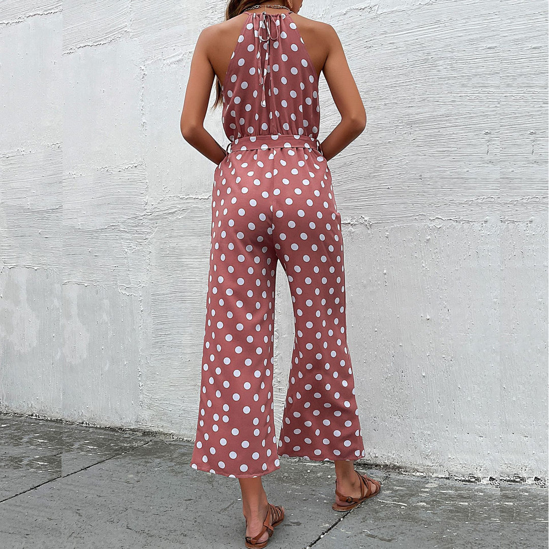 Damen eleganter Jumpsuit mit verstellbarem Bindegürtel und modischem Punkte-Design R&B