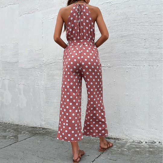 Damen eleganter Jumpsuit mit verstellbarem Bindegürtel und modischem Punkte-Design R&B