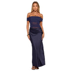 Damen elegantes schulterfreies Abendkleid mit figurformender Raffung und Satin-Finish EB