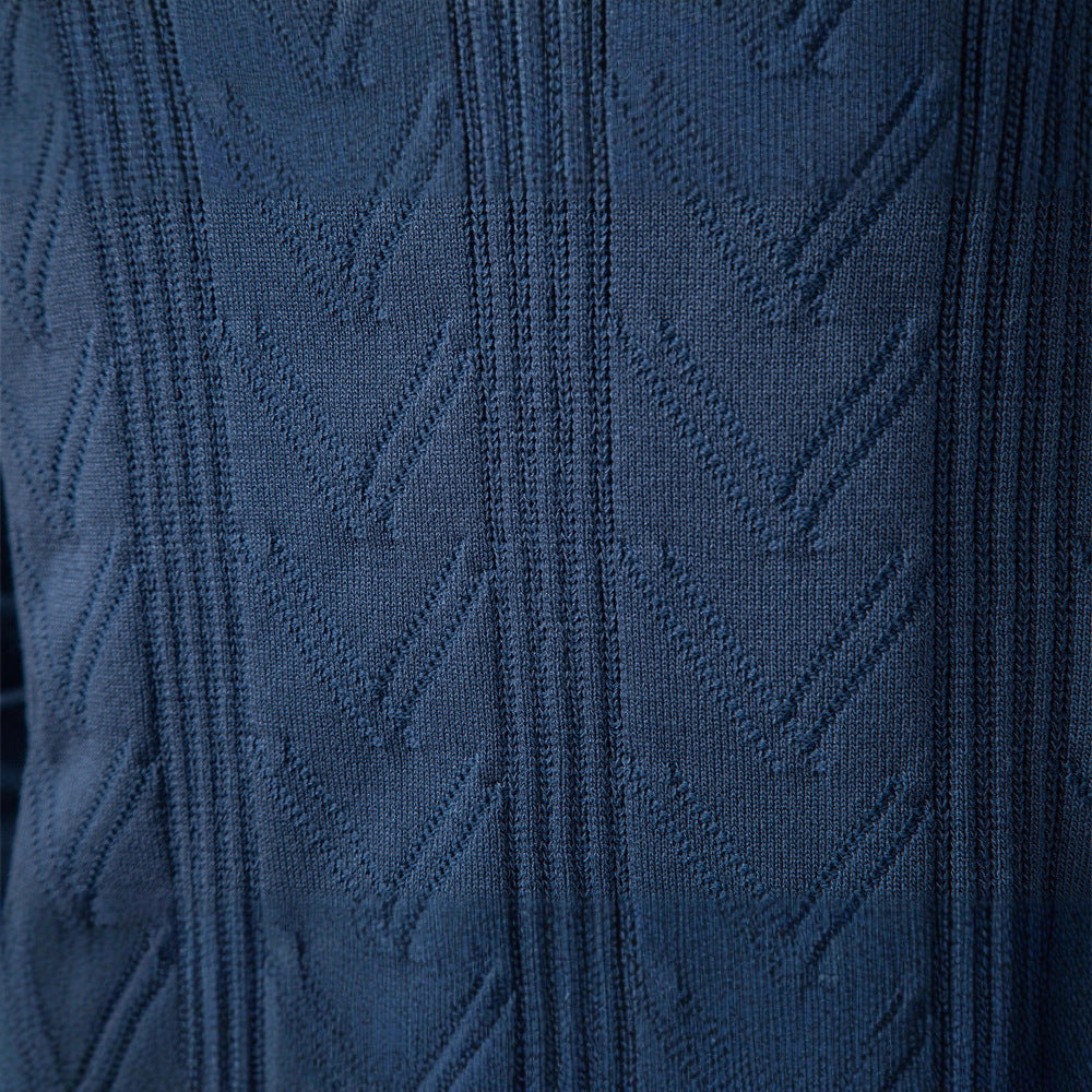 Herren nan feiner Strick-Polopullover mit V-Ausschnitt, Zickzackstruktur und Kentkragen R&B