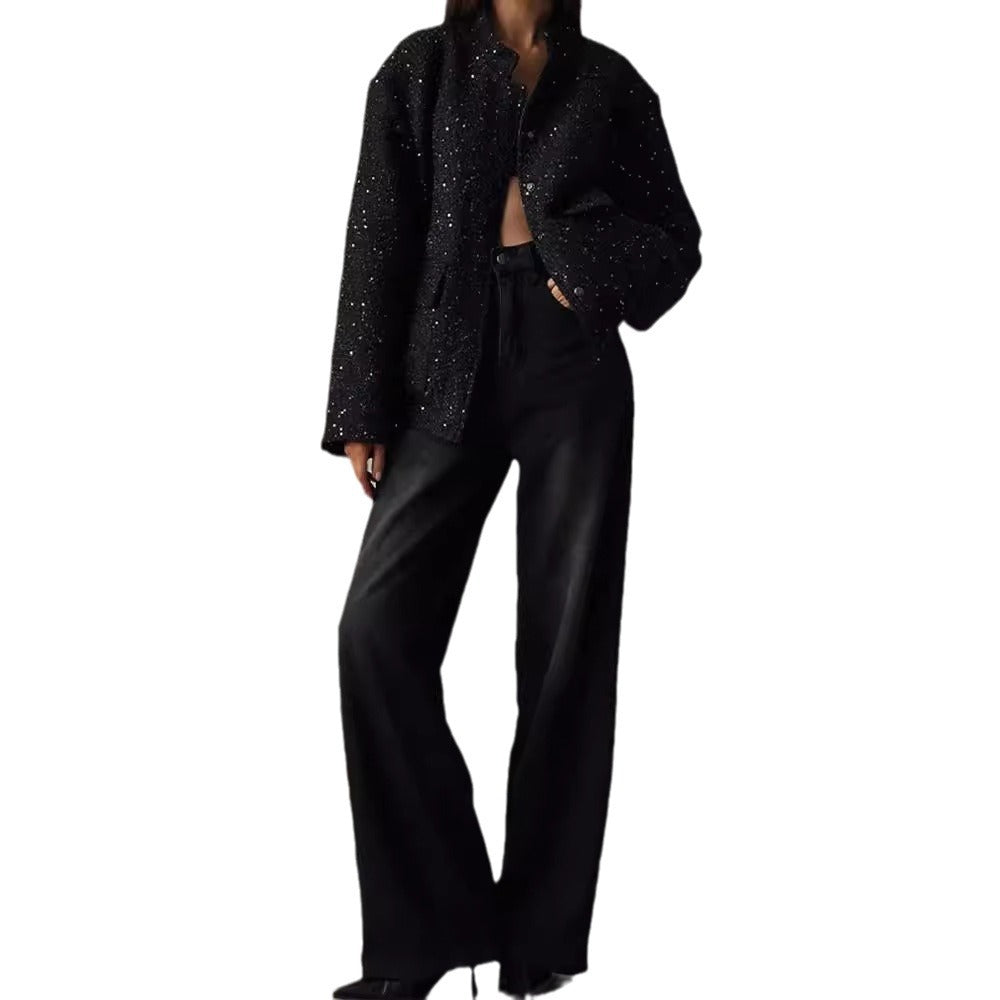 Damen Glamouröse Glitzerjacke mit oversized Schnitt und modischen Taschen R&B