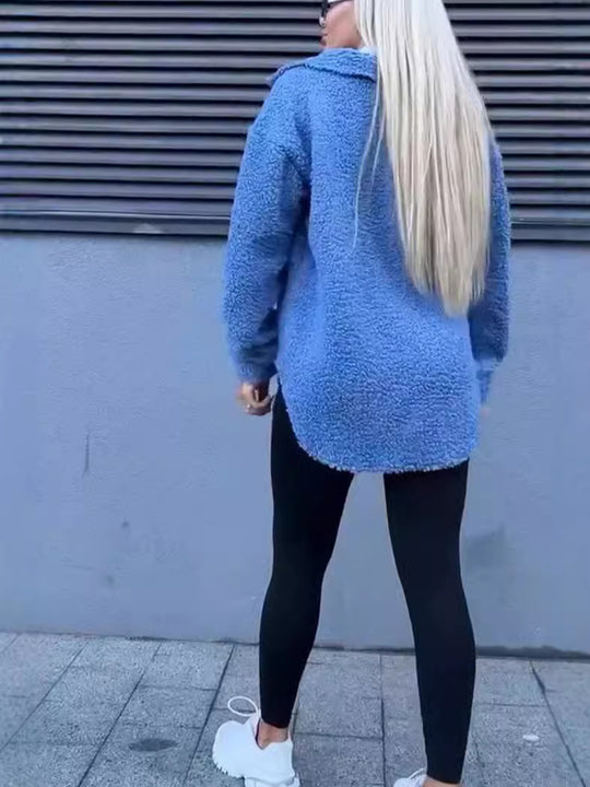 Damen Teddyjacke mit modischen Taschen und Knopfverschluss R&B