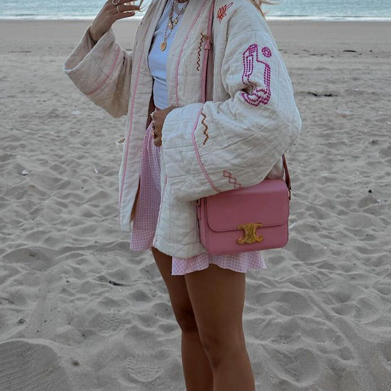Damen Modische Kimono-Jacke mit bunten Stickdetails und Taschen
