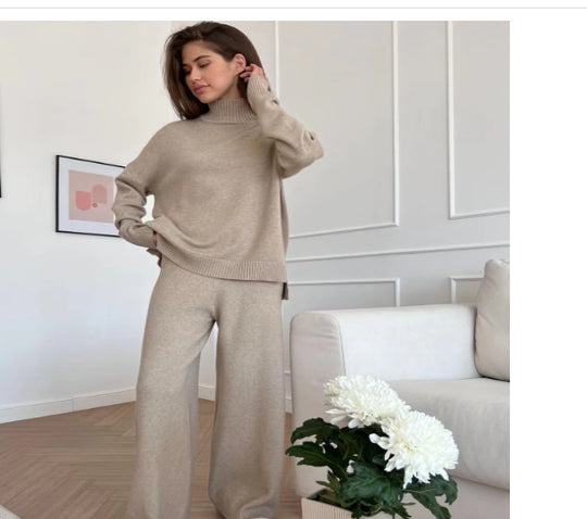 Damen Lässiges Strickset mit hohem Kragen und weitem Bein R&B