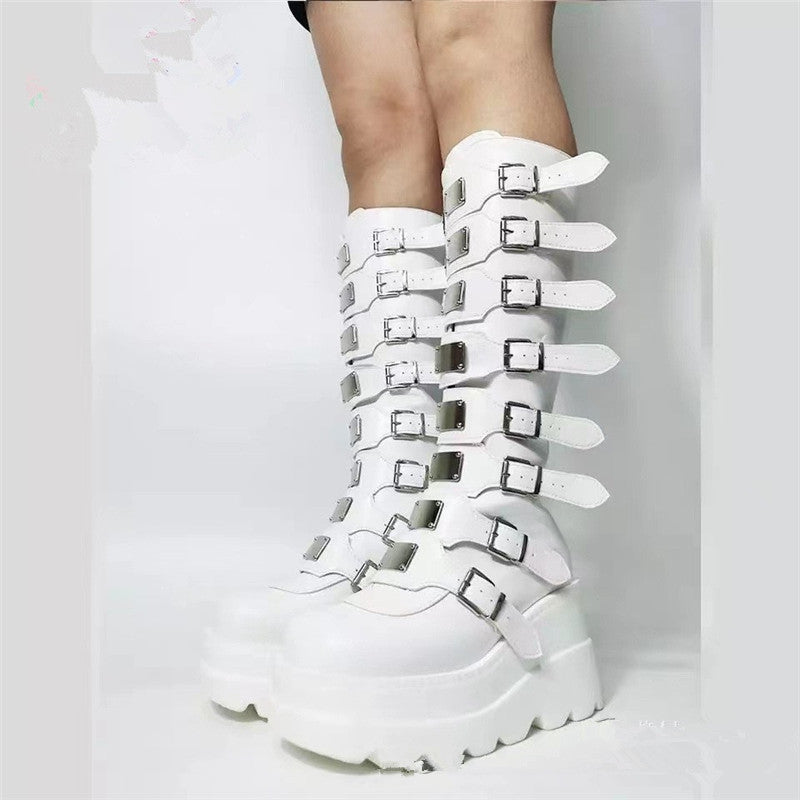 Damen Plattform Stiefel mit modischem Schnallen-Design und stabiler Sohle R&B