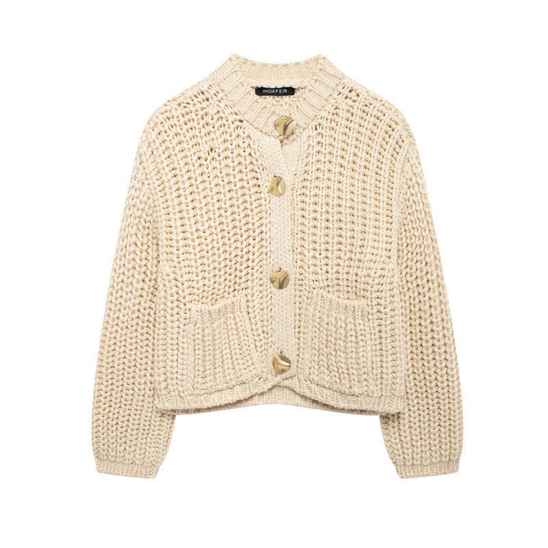 Damen kuschelige Strickjacke mit großen Knöpfen R&B