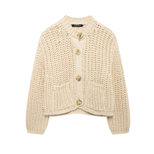 Damen kuschelige Strickjacke mit großen Knöpfen R&B