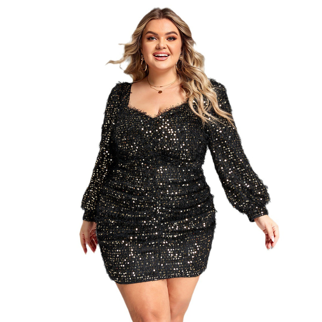 Damen Glitzerndes Mini-Kleid mit Puffärmeln und Raffung R&B