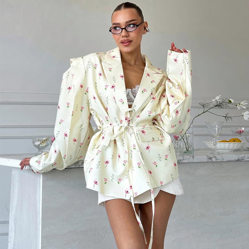 Damen Elegante Blazerjacke mit floralem Design und Taillengürtel R&B