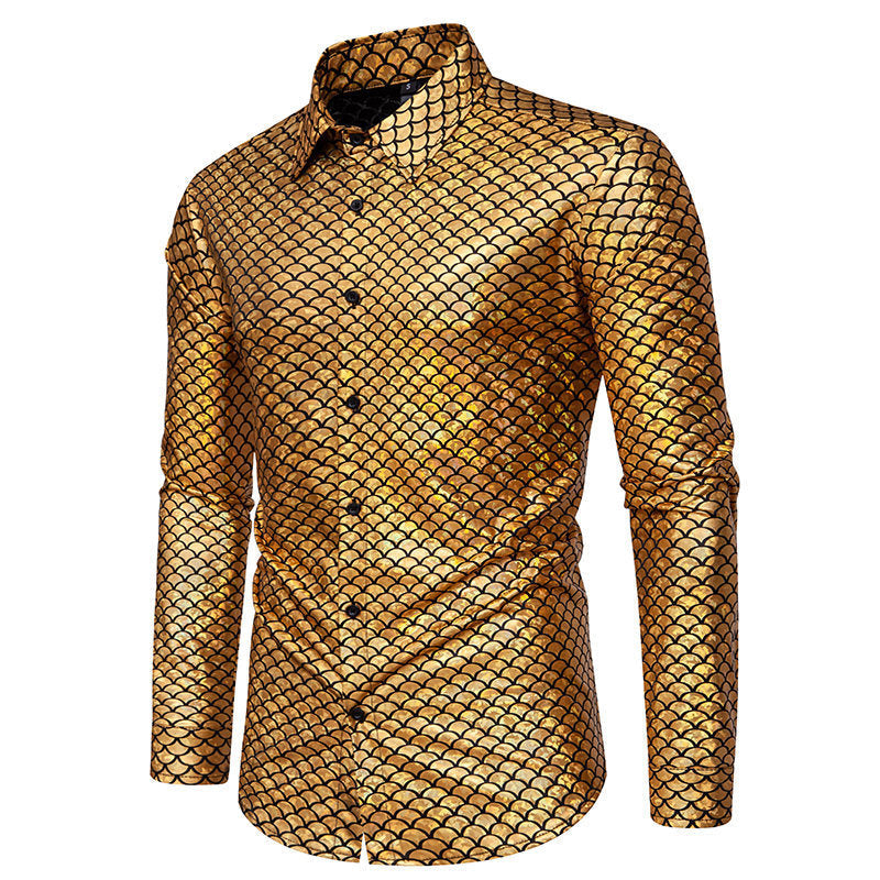 Herren schimmerndes Langarmhemd mit Fischschuppen-Design R&B
