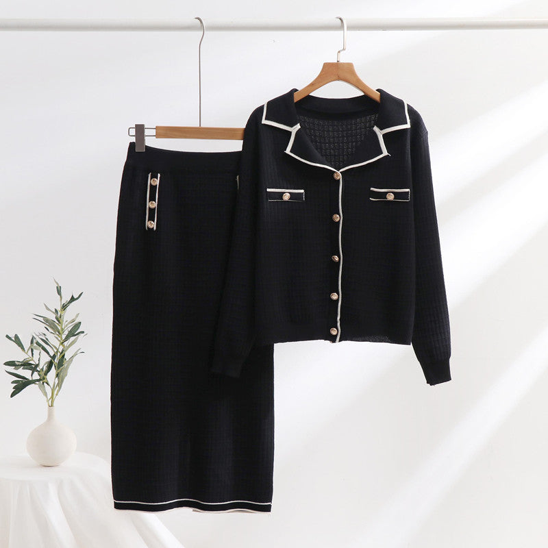 Damen elegantes Strickensemble mit dekorativem Kragen und aufgesetzten Taschen R&B