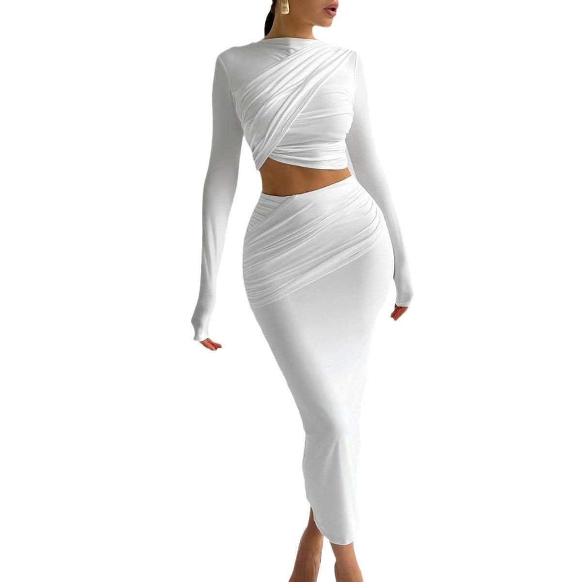 Damen Elegantes Wickeloberteil und Maxi-Rock Set mit langen Ärmeln und figurbetonter Silhouette R&B