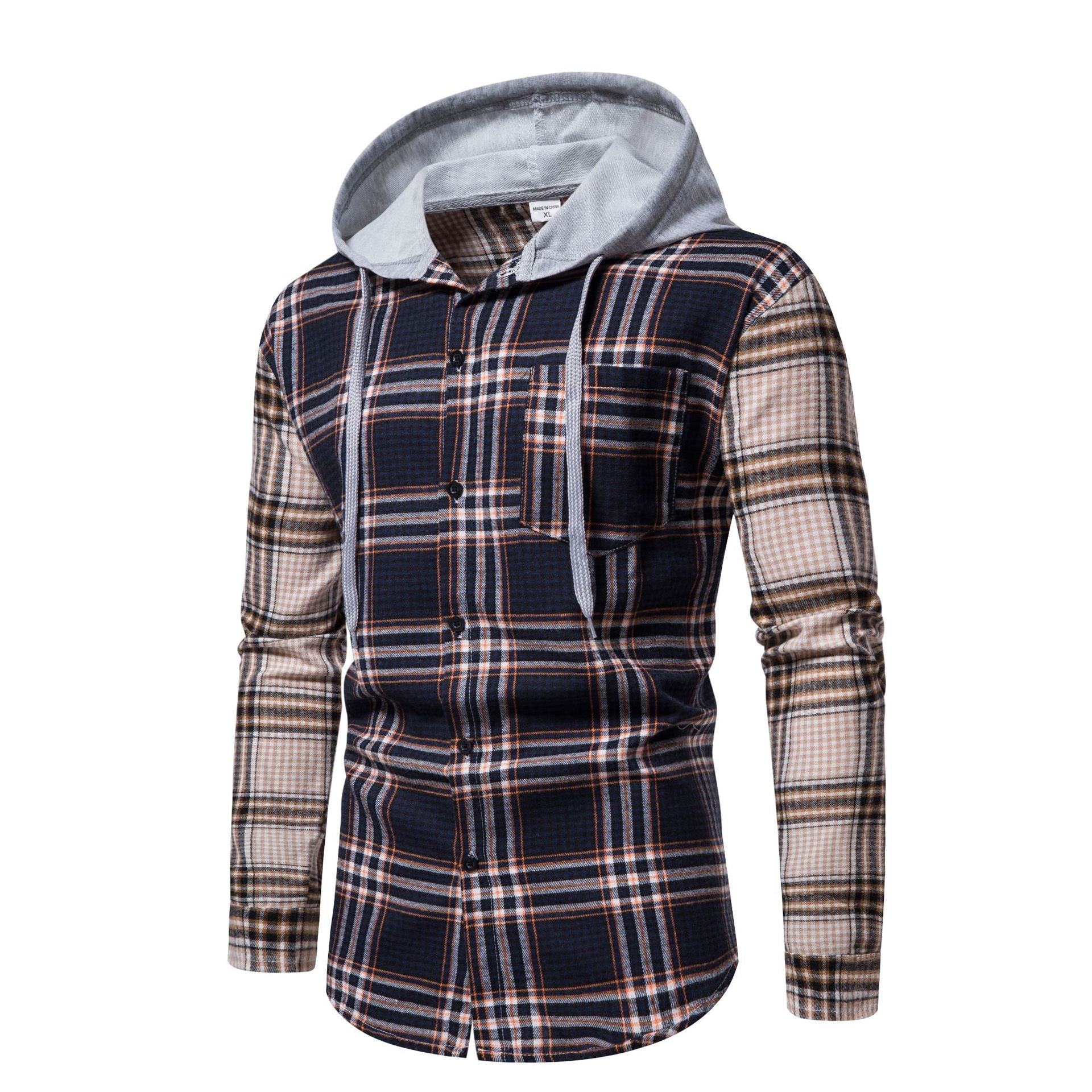 Herren Karo-Hemdjacke mit integrierter Kapuze und modernen Mustern