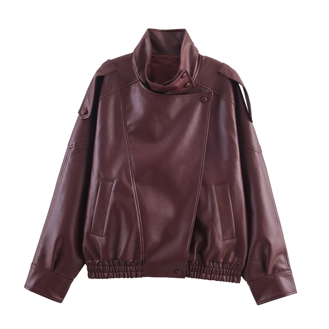 Damen Kunstlederjacke im modernen Design mit hochgeschlossenem Kragen und praktischen Taschen R&B