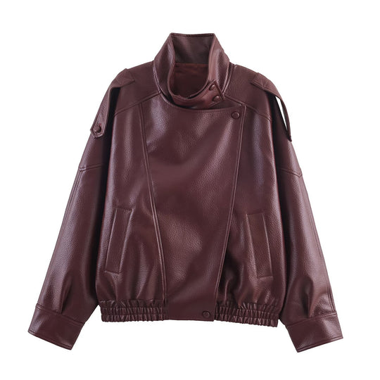 Damen Kunstlederjacke im modernen Design mit hochgeschlossenem Kragen und praktischen Taschen R&B