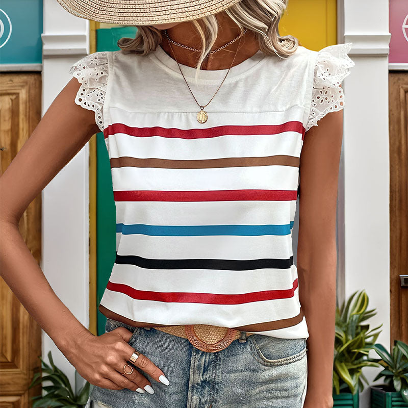 Damen T-Shirt mit Spitzenärmeln und gestreiftem Design R&B