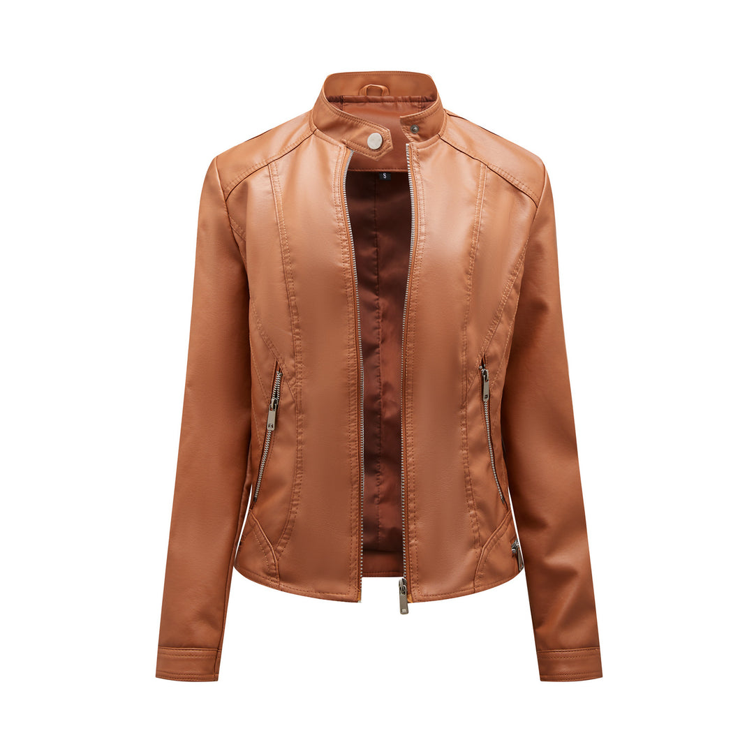 Damen modische Kunstlederjacke mit elegantem Stehkragen und praktischen Reißverschlusstaschen R&B