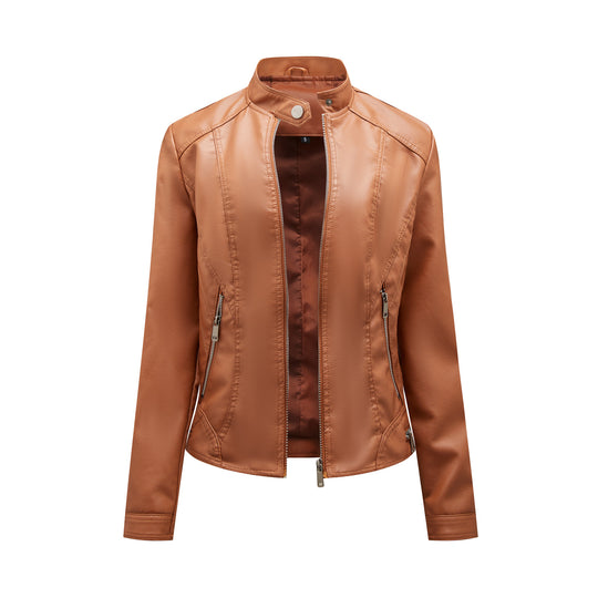 Damen modische Kunstlederjacke mit elegantem Stehkragen und praktischen Reißverschlusstaschen R&B