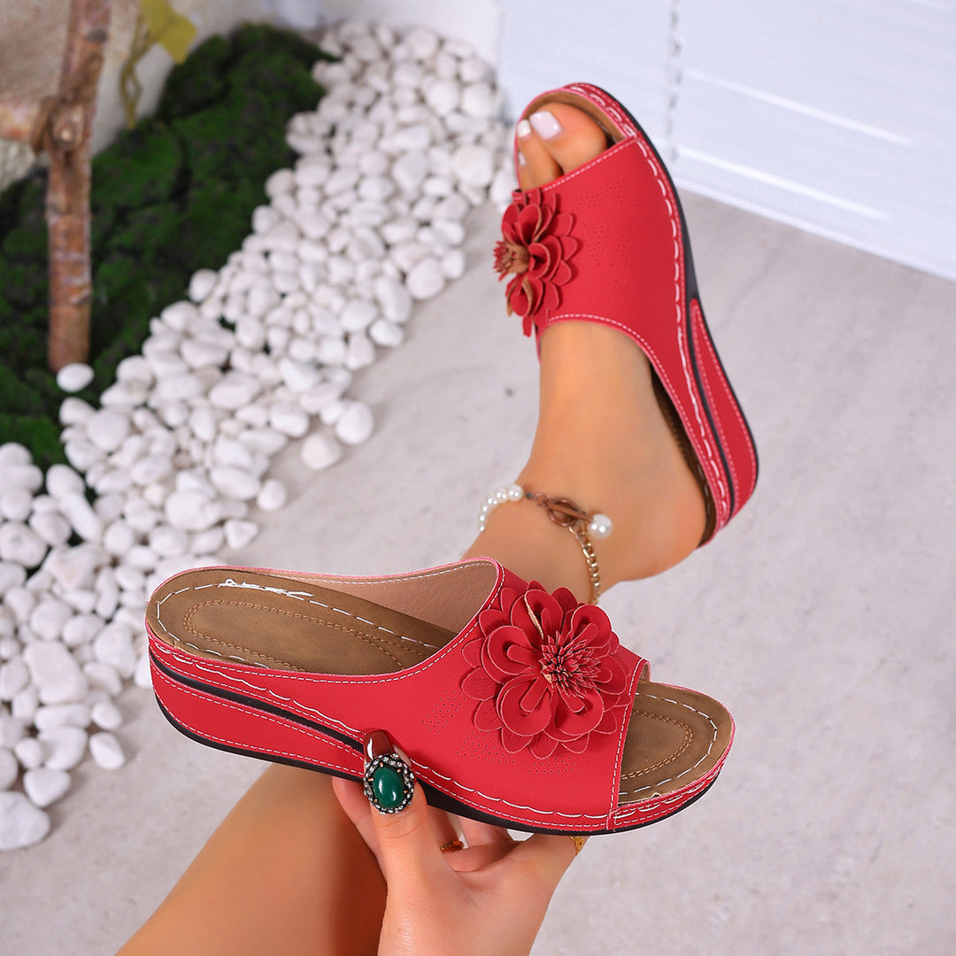 Damen Slip-On Pantoletten mit dekorativer Blütenapplikation R&B