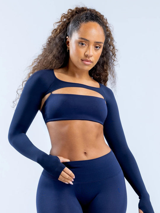 Damen Sportliches Langarm Crop-Top mit angeschnittenem Design R&B