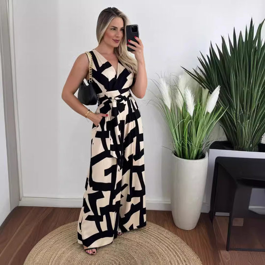 Damen Jumpsuit mit tiefem V-Ausschnitt und eleganter Taille R&B