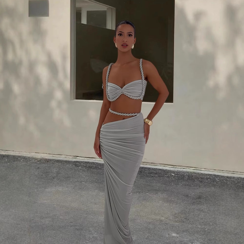 Damen Strandbekleidungs-Set mit geflochtenem Oberteil und elegantem Wickelrock R&B