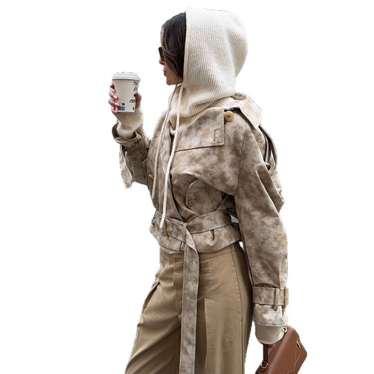 Damen modische Trenchcoat-Jacke mit Gürtel und Kapuze R&B