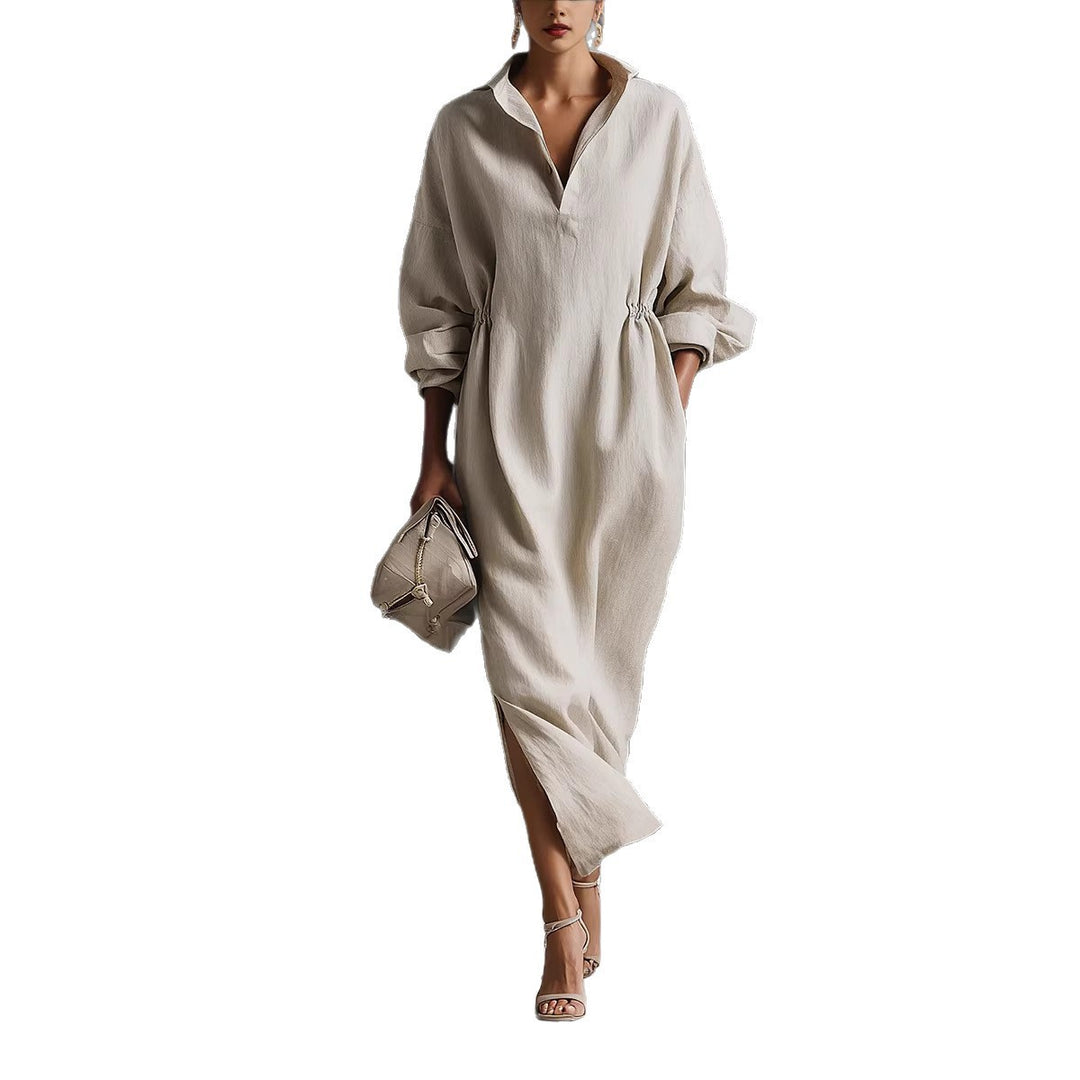Damen stilvolles Midikleid mit Bindegürtel und klassischem Kragen R&B