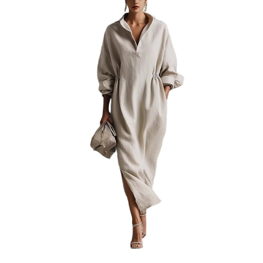Damen stilvolles Midikleid mit Bindegürtel und klassischem Kragen R&B