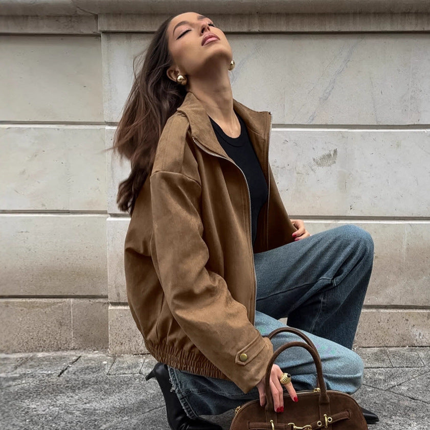 Damen Modische Suede-Bomberjacke mit praktischen Taschen und Reißverschluss R&B