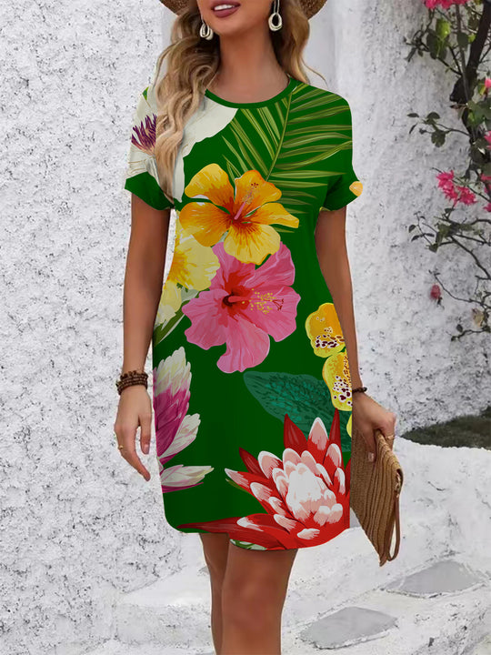 Damen lässiges T-Shirt Kleid mit buntem Blumenmuster und bequemem Schnitt R&B