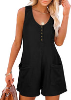 Damen lässiger Kurz-Jumpsuit mit Knopfleiste und Taschen