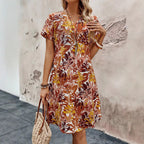 Damen Midikleid mit floralem Muster und modernem V-Ausschnitt R&B