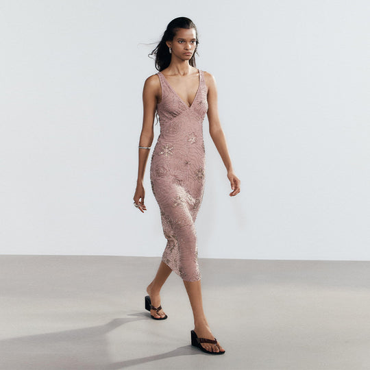 Damen Elegantes Glitzer-Maxikleid mit V-Ausschnitt und floralen Applikationen R&B