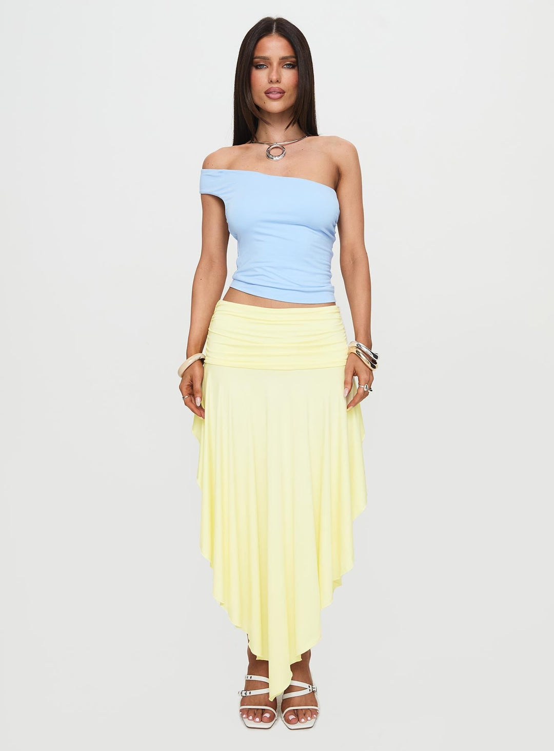 Damen asymmetrischer Maxi-Rock mit fließendem Stoff und elegantem Bund R&B