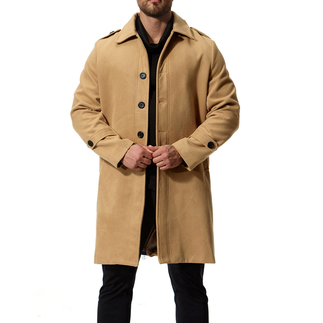 Herren langer Wollmantel mit klassischem Schnitt und praktischen Taschen