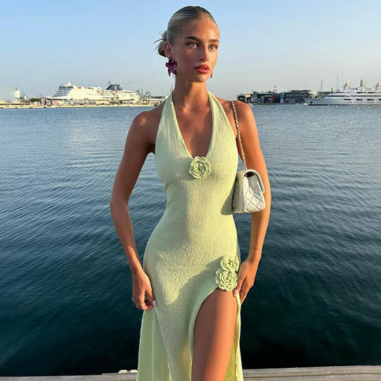 Damen Maxikleid mit Blumenapplikationen und tiefem V-Ausschnitt R&B