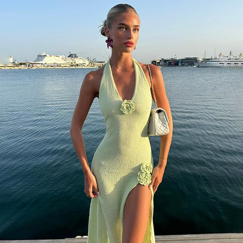 Damen Maxikleid mit Blumenapplikationen und tiefem V-Ausschnitt R&B