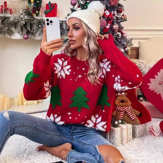 Damen Strickpullover mit festlichem Weihnachtsmotiv und aufgearbeitetem Design R&B