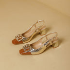 Damen Slingback-Pumps mit luxuriösem Schmuckelement und modischem Blockabsatz