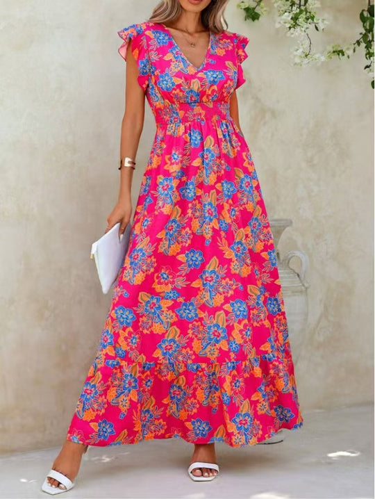 Damen Sommerliches Blumenmaxikleid mit Volantärmeln und elastischem Taillenbund R&B