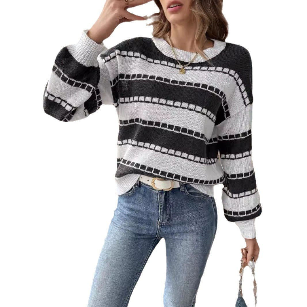 Damen lässiger, gestreifter Pullover mit einem komfortablen Schnitt und dekorativen Details R&B