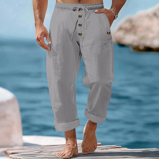 Herren nan lockere Leinen-Baumwoll-Hose mit elastischem Bund, Kordelzug und aufgekrempeltem Saum R&B
