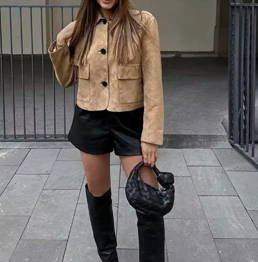 Damen Wildlederimitat Jacke mit Knopfleiste und Taschen R&B