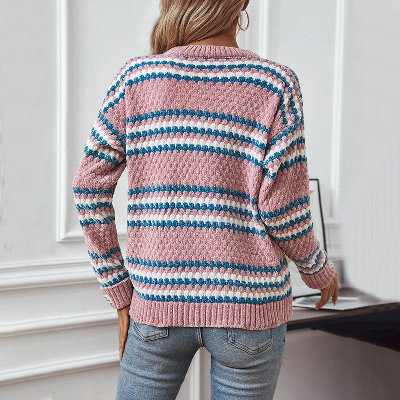 Damen Strickpullover mit strukturiertem Mustermix und bequemem Rundhalsausschnitt