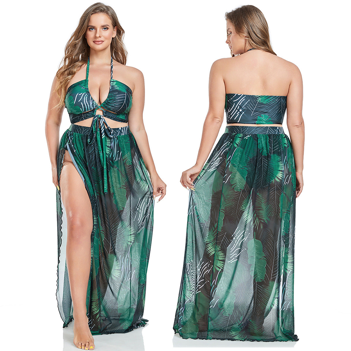 Damen Badeanzug mit elegantem Wickelrock und sommerlichem Palmendruck R&B
