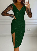 Damen elegantes Abendkleid mit transparenten Ärmeln und seitlichem Schlitz R&B