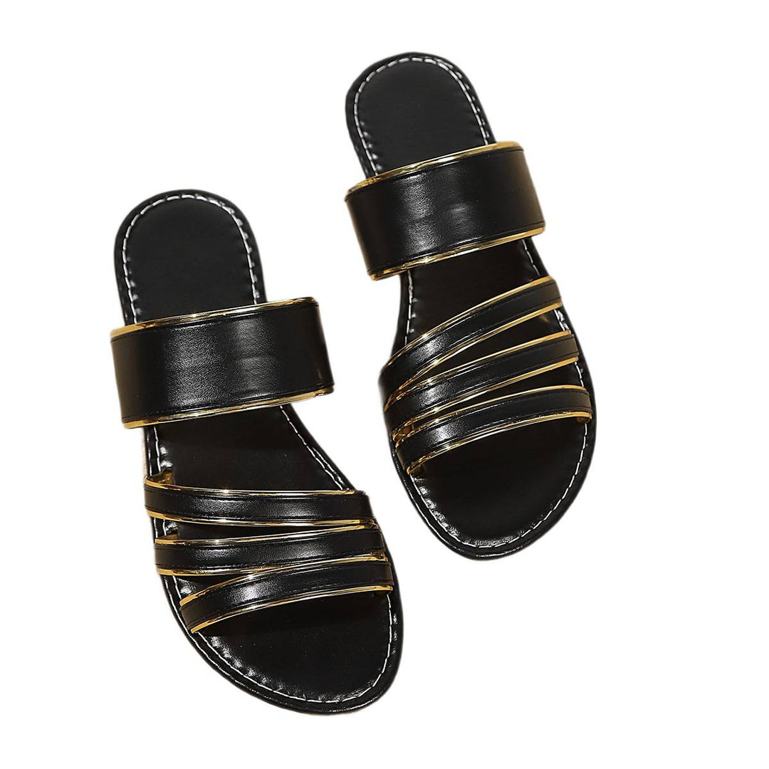 Damen Slide-Sandalen mit doppeltem Riemendesign und goldenen Akzenten R&B