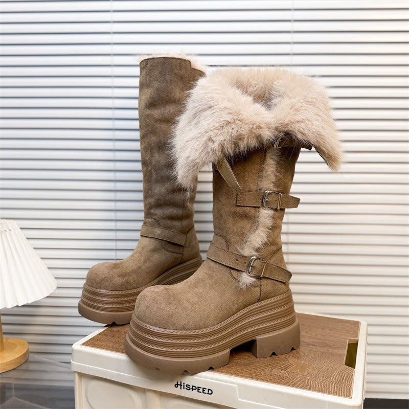 Damen Fleecegefütterte Winterstiefel mit modischen Schnallen und platform Sohle R&B