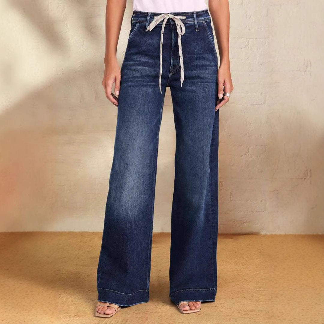 Damen Weite Denim-Hose mit hohem Bund und regulierbarem Kordelzug R&B
